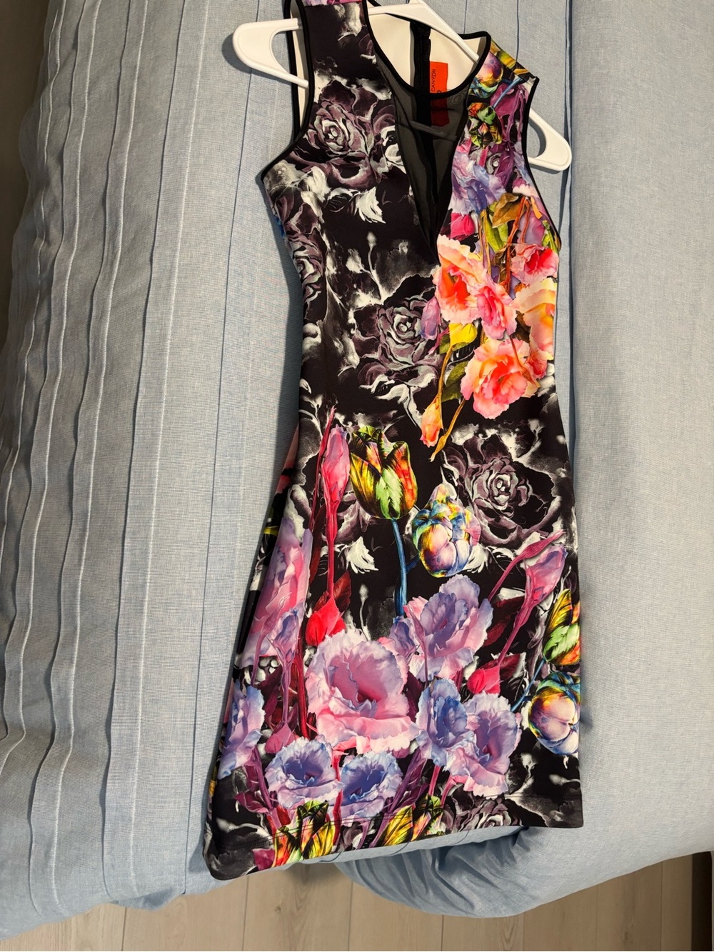Clover Caynon Floral Midi Dress in Black with Pink, Yellow and Green Accents